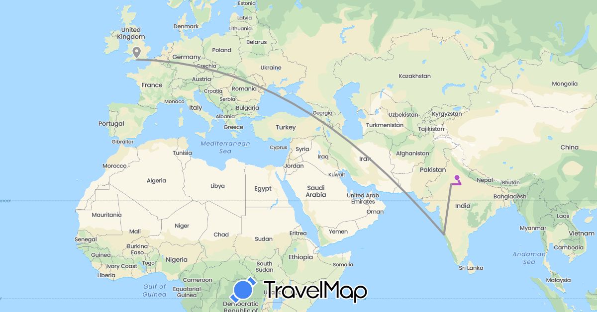 TravelMap itinerary: plane, train in United Kingdom, India (Asia, Europe)